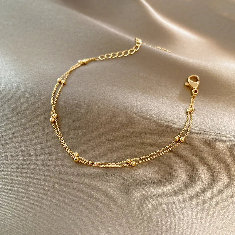 18K Gold Plated Double Layered Thin Chain  Round Beaded Chain  for Women Jewelry
