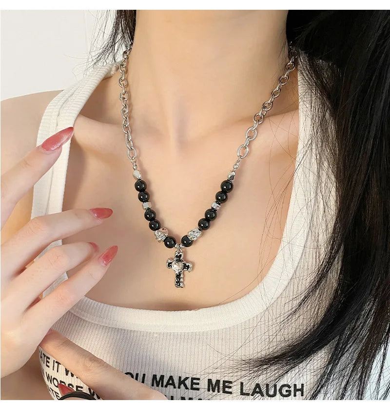 Heart Diamond Black Beads Necklace Punk Sweet Cool Rhinestone Cross Pendant Clavicle Chain Necklace for Women Men