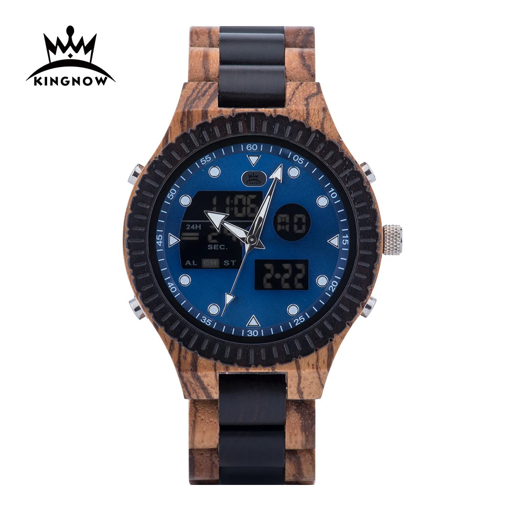 Fast Delivery KINGNOW Men's Multifunction Sports Wooden Wristwatch with Dual LED Display Automatic Date Week Quartz Movement Dropshipping