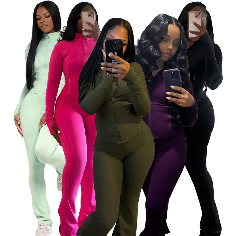 New Arrival Women Outfits Workout Fitness Jogger 2 Piece Leggings Set Yoga Jacket Flare Pant Women Tracksuit Set