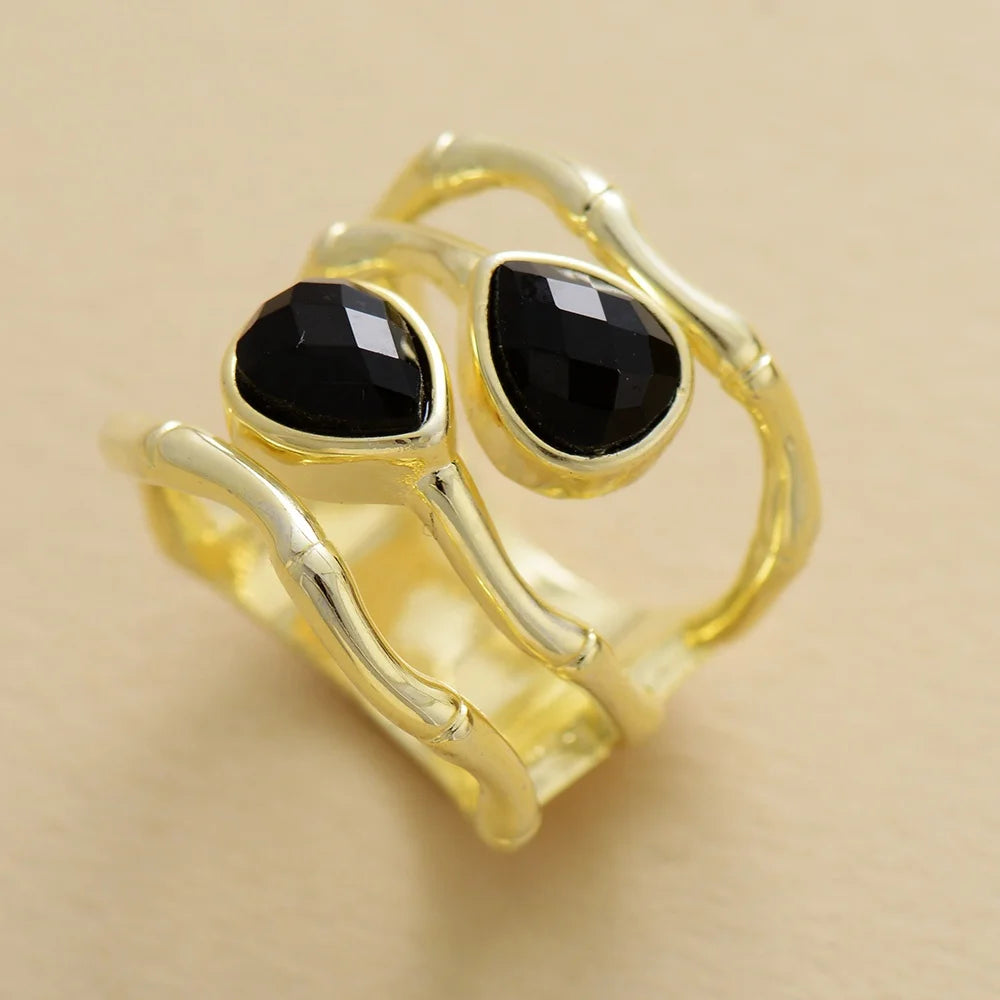 Wholesale European Jewelry-Gold Plated 2 Stones Black Onyx Lapis Women's Cocktail Finger Band Rings Fashion Style