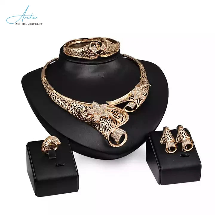 Women's Luxury 4-Piece Brazilian Saudi 18K Gold Dubai Bridal Jewelry Set Alloy Wedding Ring Party Bangles Gold African Fashion