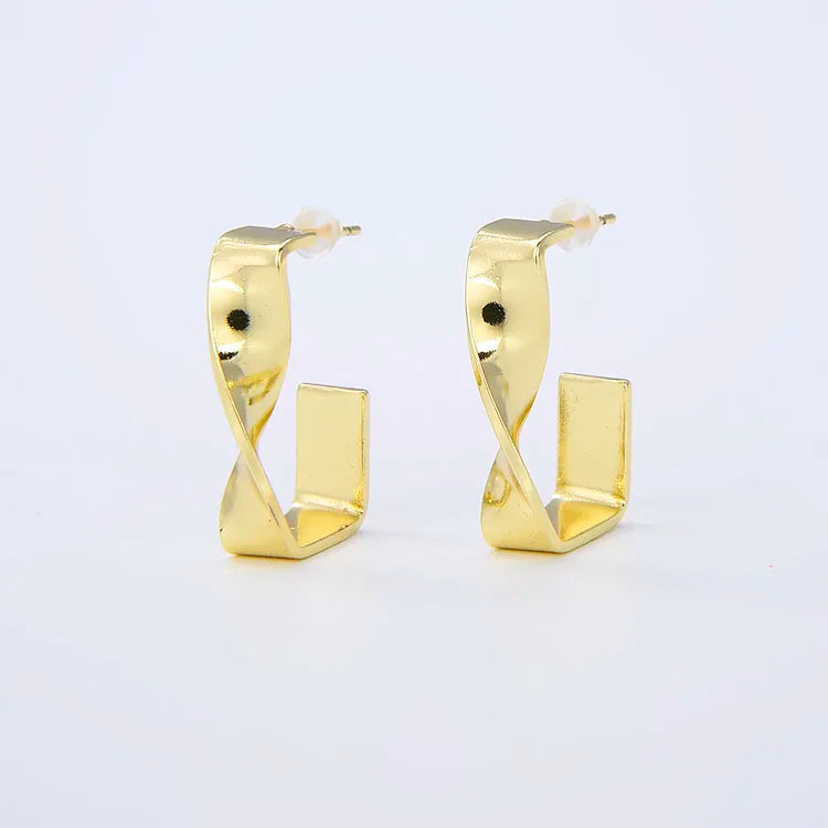 EM1209 Unique Boho Bohemian Bold 18k Gold Plated Twisted Rectangle Hoop Earrings