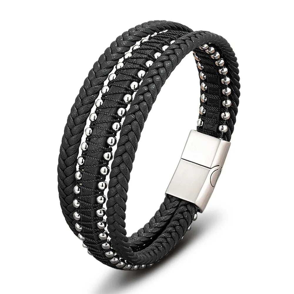 Handmade Jewelry Gift Multilayer Braided Genuine Leather Bracelets for Men Beaded Bangle with Stainless Steel Magnetic Clasp