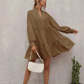 Custom Girls V Neck Loose A-Line Dress Long Sleeve Stringy Selvedge Mini Skirt Women's Elegant Skirts