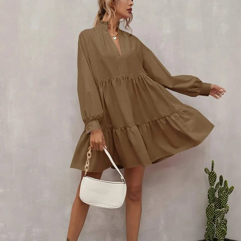 Custom Girls V Neck Loose A-Line Dress Long Sleeve Stringy Selvedge Mini Skirt Women's Elegant Skirts
