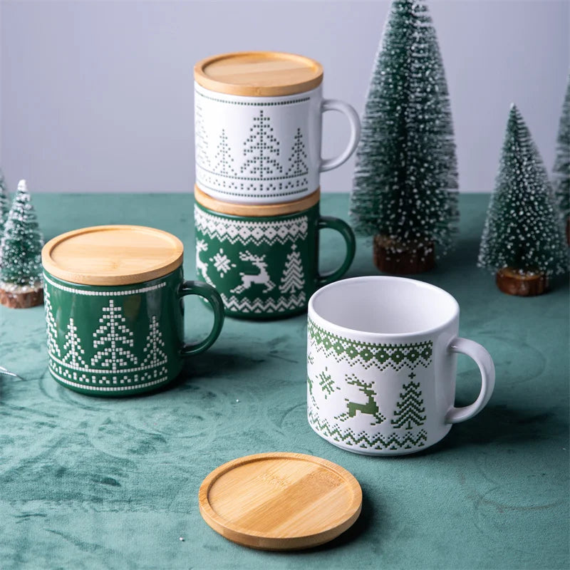 Wholesale Cute Handmade 14oz Christmas Gift Cup Silk Printing Ceramic Coffee Mug Milk Tea Cups Set