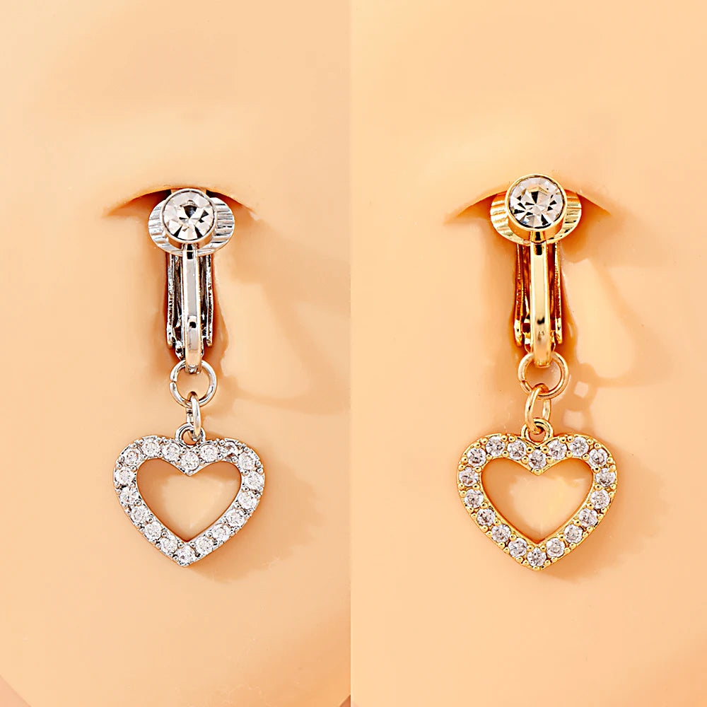 Women's Set 10 Hollow Heart-Shaped Diamond Belly Dangle Navel Rings Non-Piercing Stainless Steel Body Jewelry Zircon Wedding