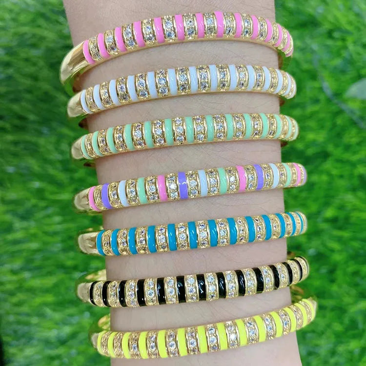 BC2020 Dainty Diamond Zircon Cubic Zirconia Star Evil Eyes Bracelet Cuff BangleEnamel Rainbow Multicolor Line Stripe Bangles