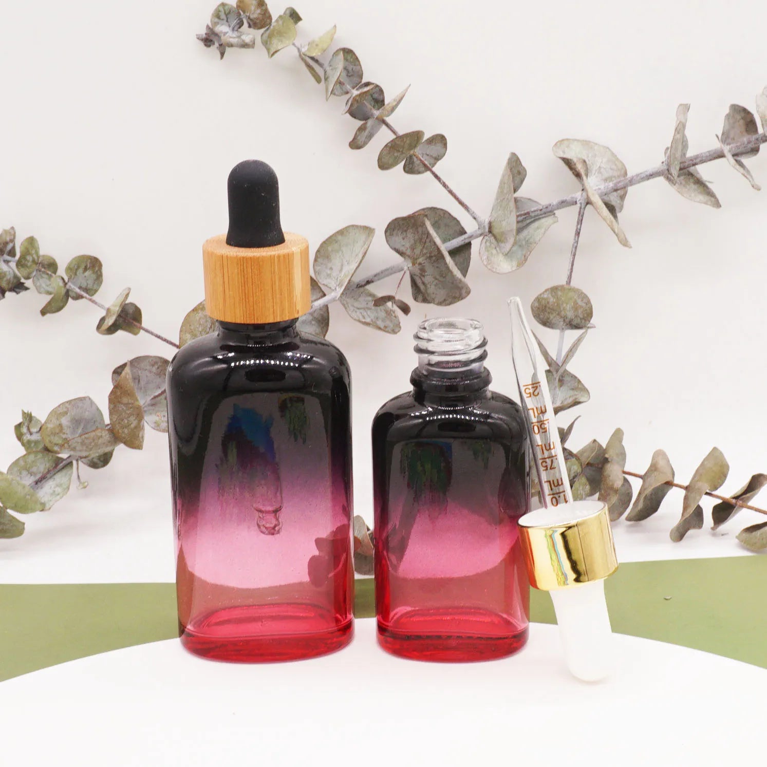 30ml Black Red Gradient Oblate Recyclable Cosmetic Bottle with Bamboo Top