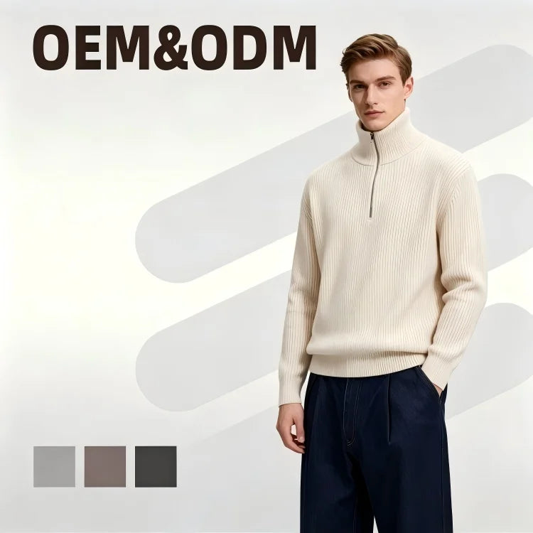 Custom Fabric Fashion Men's High Neck Pullover Cotton Khaki Leisure Warmth Plus Size Sweater
