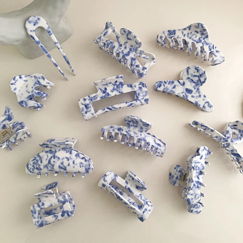 Blue White Porcelain Pattern Claw Hair Clip Acetic Acid Geometry Hair Clip Custom Chinese Style Large Acetate Hair Clips