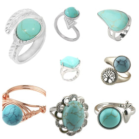 Wholesale Natural Turquoise Gemstone Adjustable Finger Rings Vintage Various Shapes Gemstone Rings for Women Girls