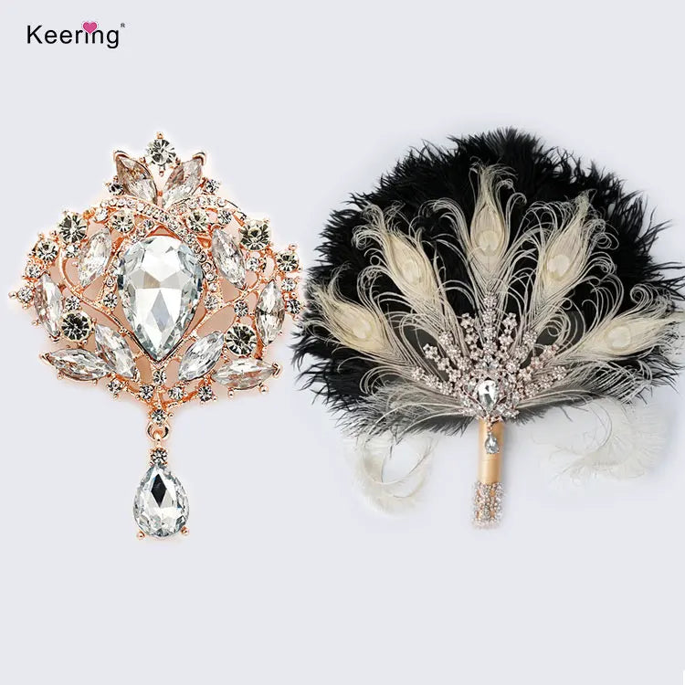 WBR-1437 Fashion Silver Black Rhinestone Glass Alloy Brooch Bouquet Wedding Bridal for Gift Party Bridesmaid Feather Fan