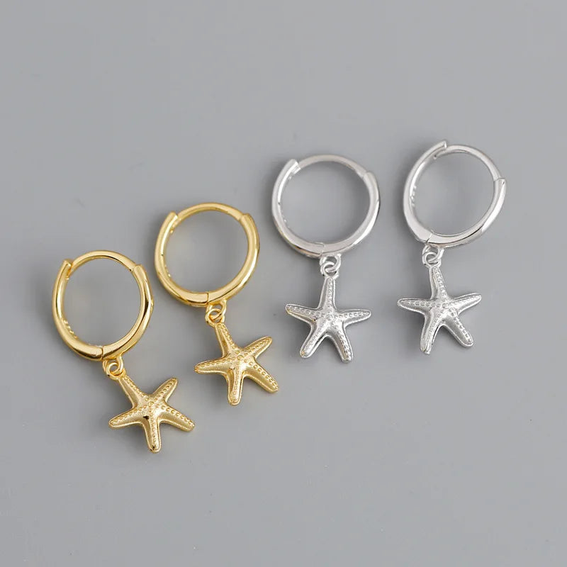 High Quality Classic Design 925 Sterling Silver Sealife Starfish Charm Hoop Drop Earrings Female