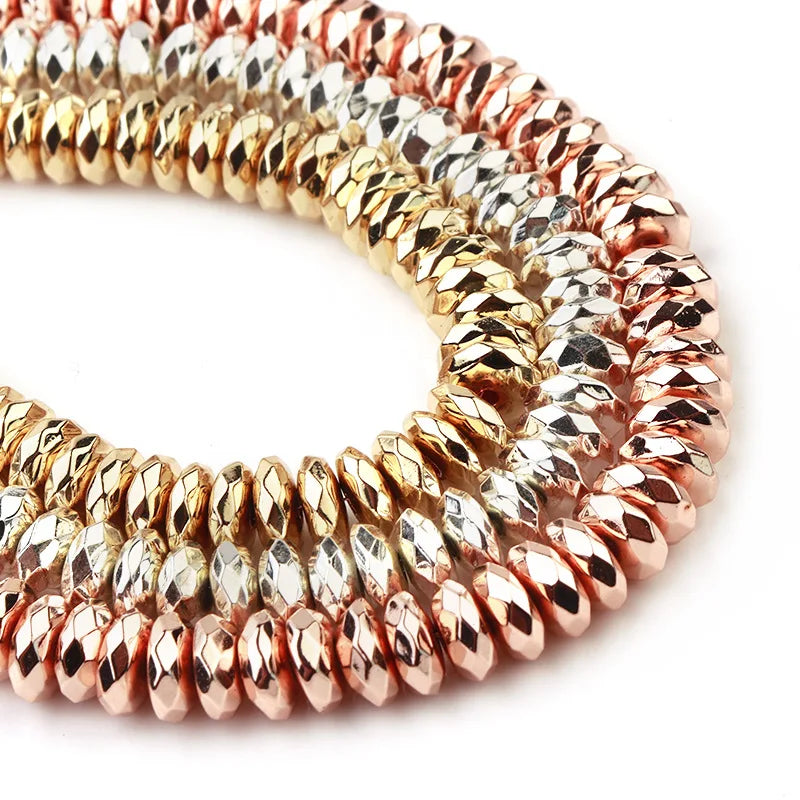 Real Gold Plating Hematite Stone Faceted Rondelle Spacer Beads for Jewelry Making
