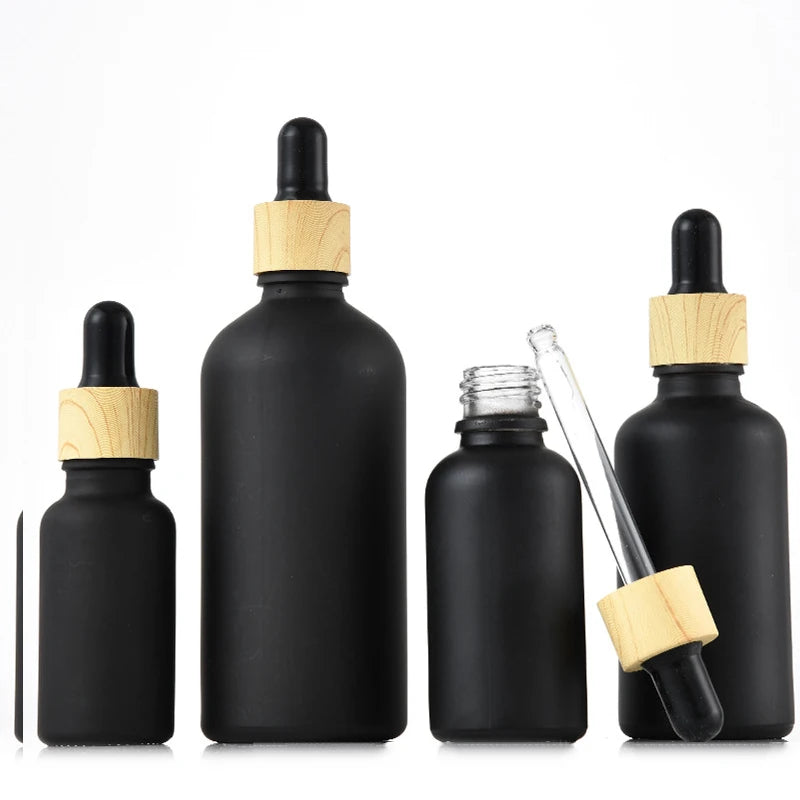 Matt Black Oil Bottles with Bamboo Collar and Black Dropper Lid in 5ml 10ml 15ml 20ml 30ml 50ml 100ml