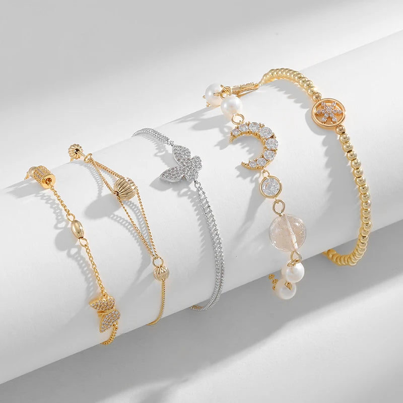 Factory Wholesale Women Girls 18k Real Gold Plated Moon and Star for Bracelets Crystal butterfly and Heart Charm Bracelet