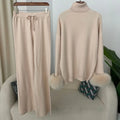 OFTBUY 2024 New Fashion Autumn Winter Natural Real Fox Fur Cuffs Coat Knitted Sweater Women Long Pants Set Jacket Thick Warm