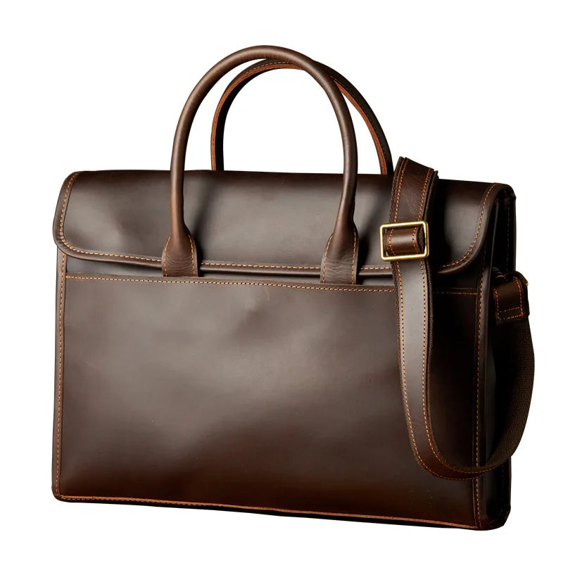 Handmade Crazy Horse Leather Horizontal Tote Bag Genuine Leather  Bag Men's OL Business Casual Briefcase Laptop Bag