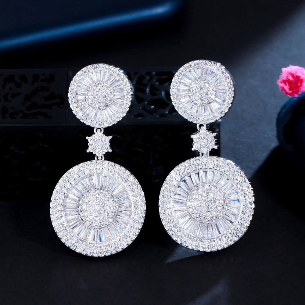 Top Quality Stunning Cubic Zircon Micro Pave Bridal Long Big Round Drop Earrings for Wedding Gift Jewelry Accessories