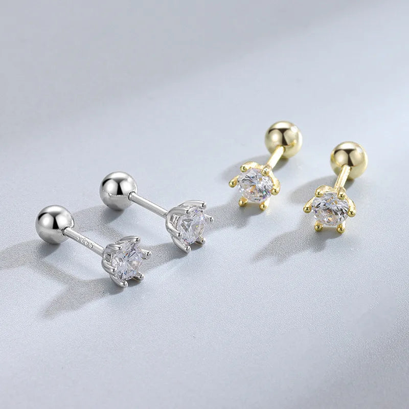 Classic Simplicity Jewelry S925 Sterling Silver PVD Gold Plated 3-5mm Micro Pave Zircon Screw Thread Piercing Stud Earrings