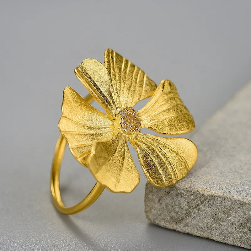 China Wholesale Lotus Fun Handmade 925 Sterling Silver 18k Gold Plated Peony Flower with Zircon Rings Fine Jewelry for Women