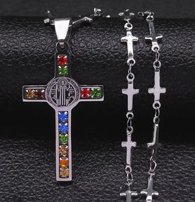Caicai Men's Cross Necklace with Zircons Stainless Steel Gold Silver Necklace Waterproof Trendy Jewelry