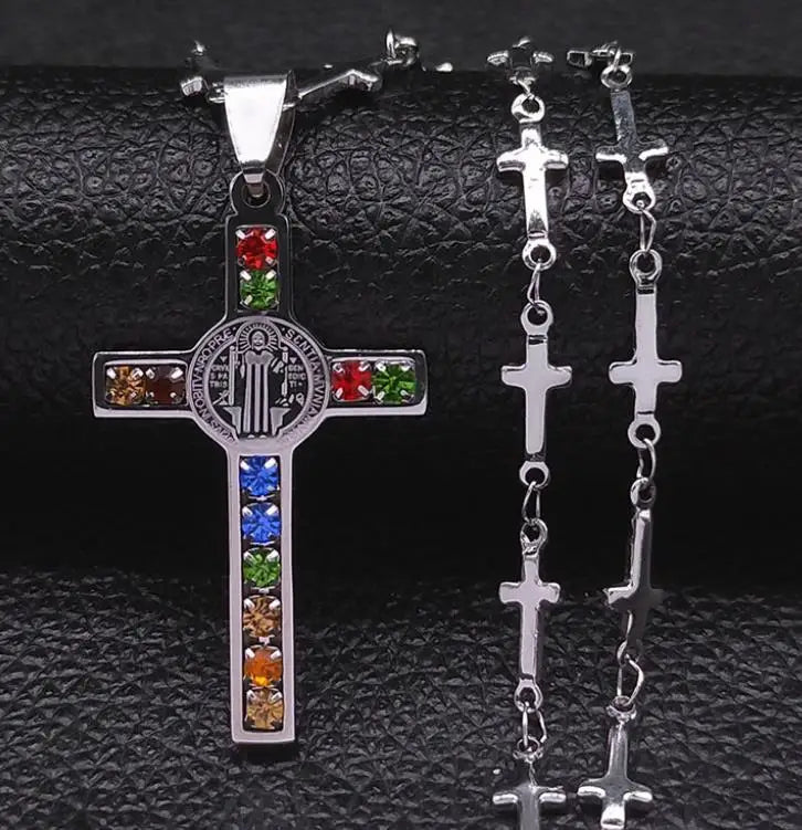 Caicai Men's Cross Necklace with Zircons Stainless Steel Gold Silver Necklace Waterproof Trendy Jewelry