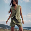 Two Pieces Vest Shorts Set Wholesale Simple Design Sleeveless Vest Solid Color Pleated Shorts Factory Directly