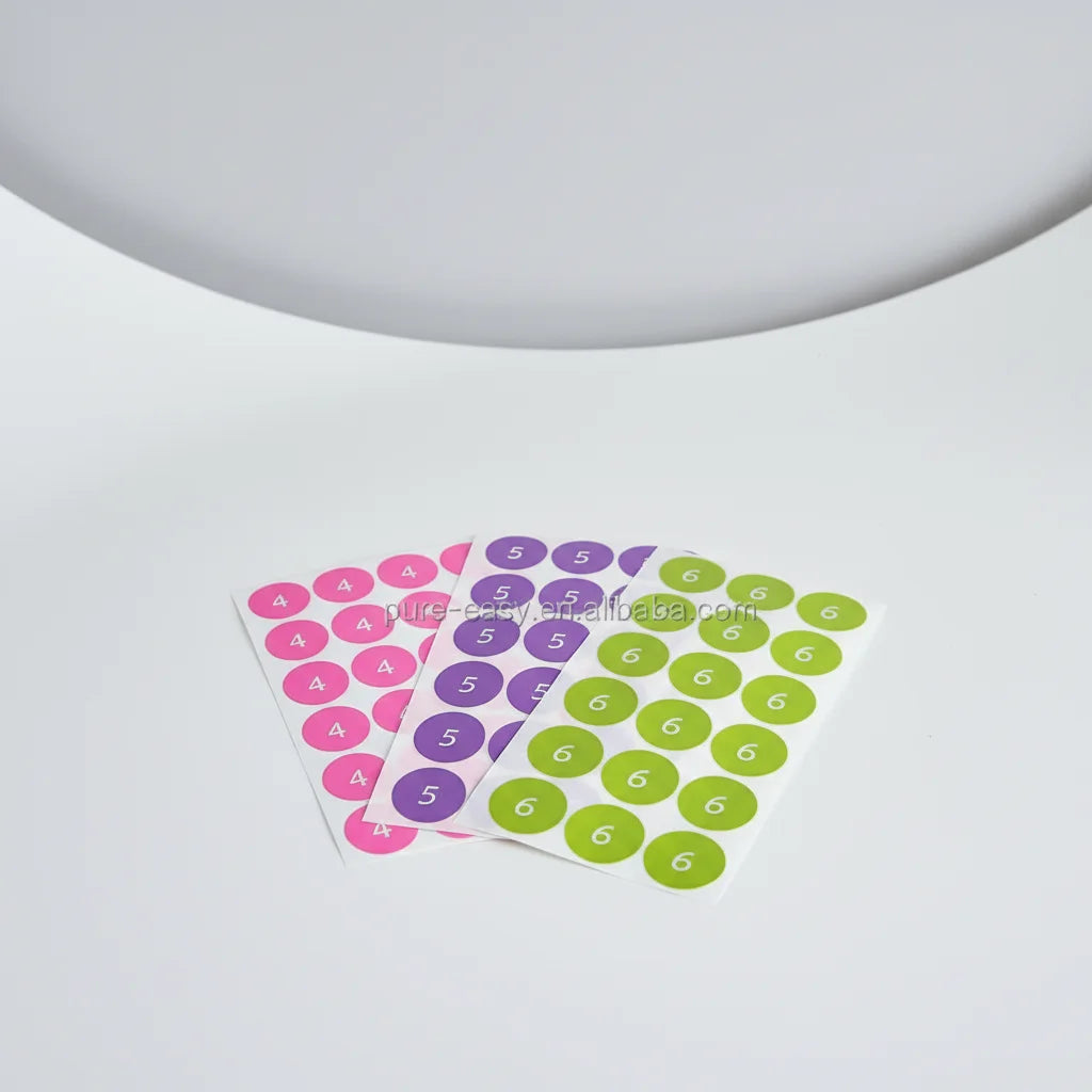 Custom Printed Waterproof Adhesive Round Number Stickers with Custom Color Options and Vinyl/PET Material for Garment Use
