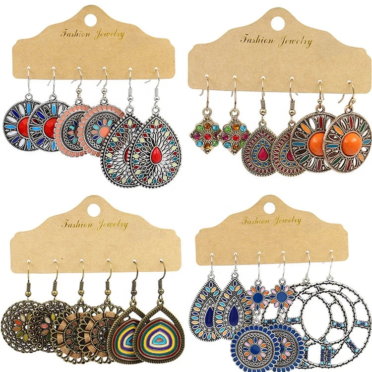 Vintage Boho Antique Gold Silver Plated Water Drop Hoop Pendant Women Rhinestone Enamel Statement Bohemian Earring Set Jewelry