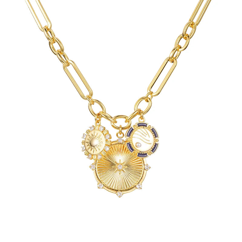 Vintage Zircon Pearl Sunflower Round Gold-Plated Pendant Necklace