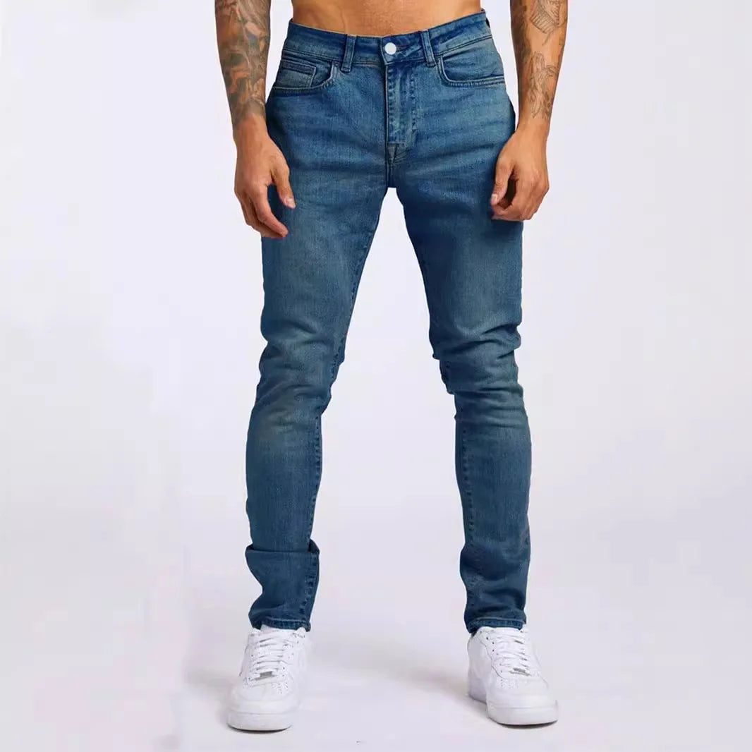 Men's New Slim-Fit Straight Denim Pants Breathable Mid Waist Casual Jeans with Distressed Wash for Summer Trends