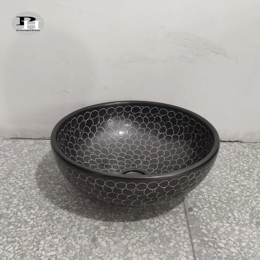Jingdezhen Black Engraving Contemporary Ceramic Round Countertop Mounted Water Resistant Eco-Friendly Washing Basin for Bathroom