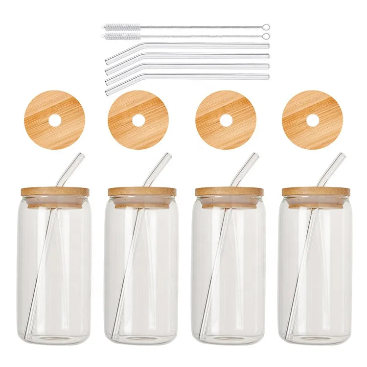 2024 Hot Selling 4pcs 6pcs 16oz Clear Coffee Tea Juice Beer Drinking Glass Can Shaped Cups Set with Bamboo Lid and Glass Straw