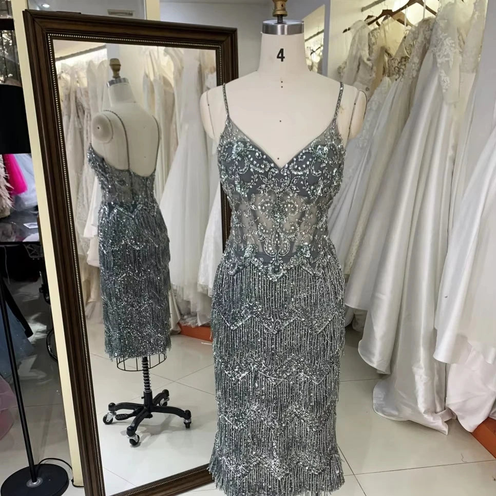 Elegant Ladies Evening Prom Dress 2026 Wholesale V-Neck Midi Length Tassel Sequins Beading Embroidery Natural for Parties