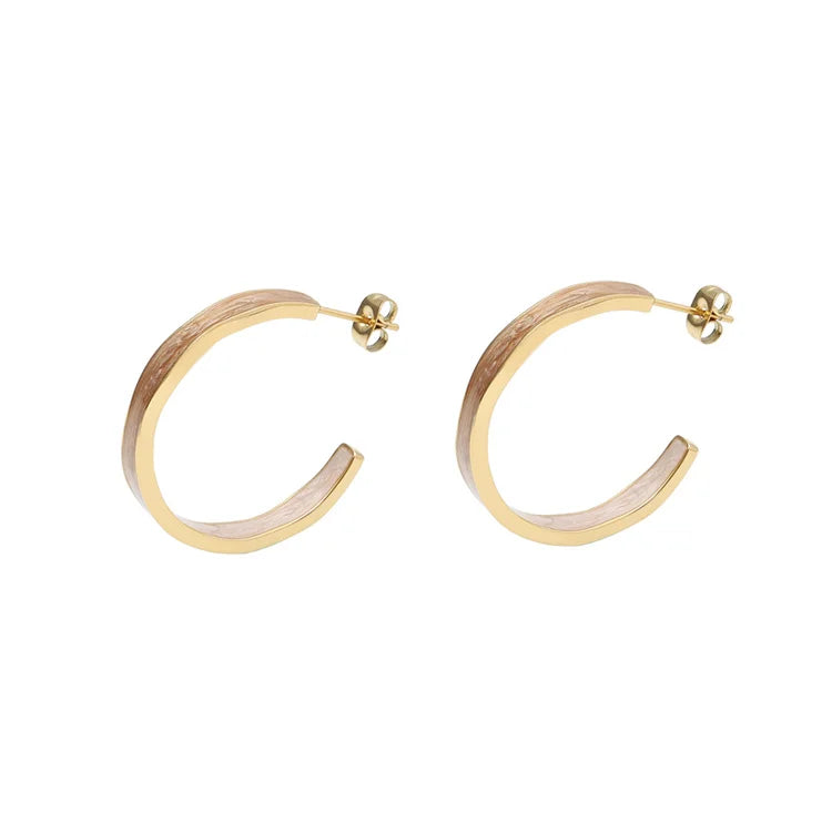 Modern Classic Pearlescent Stainless Steel Gold Plated Circle C Shaped Hoops Resin Earring