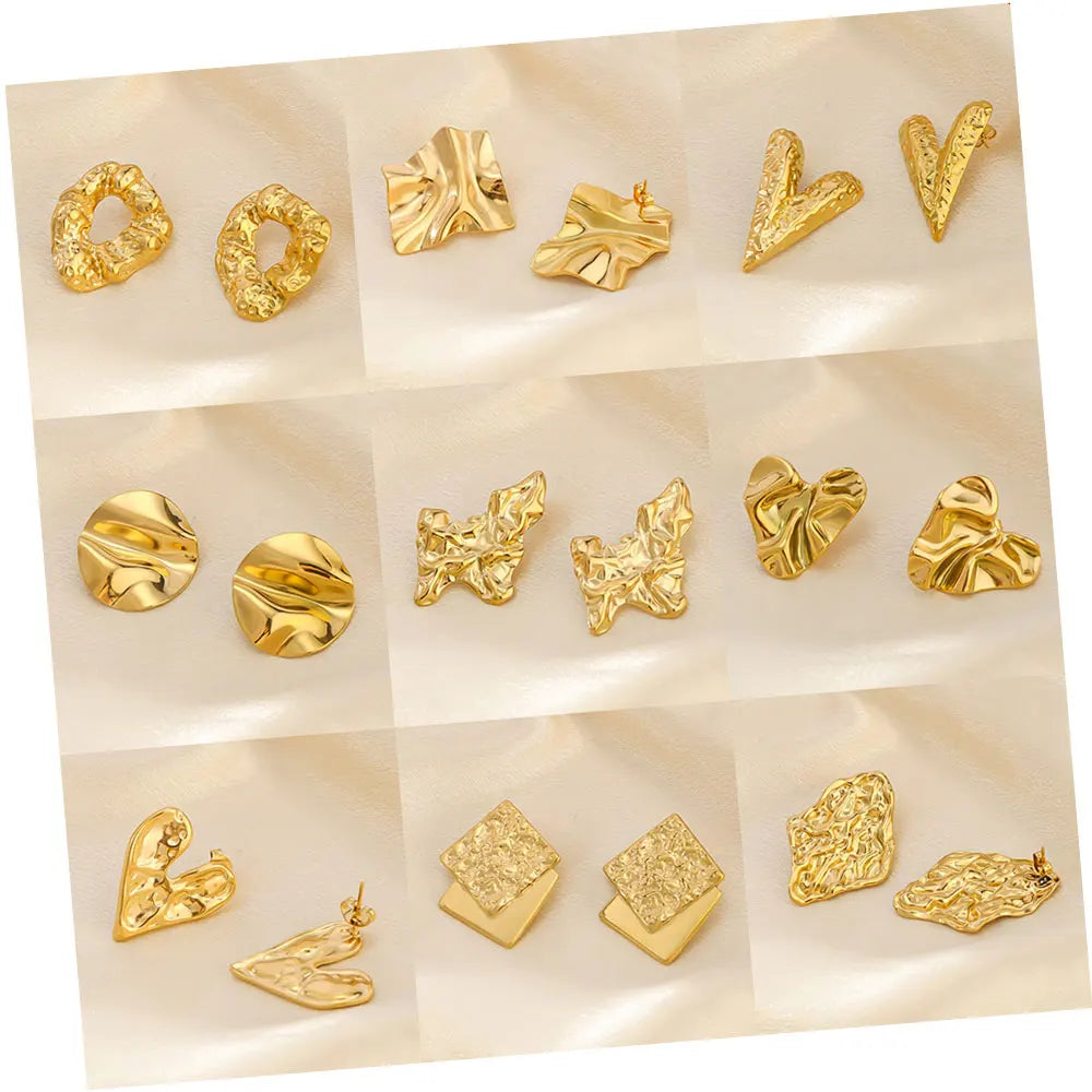 Waterproof 18K Gold Plated Hammered Wrinkle Design Earring Stainless Steel Geometric Irregularities Stud Earrings for Women