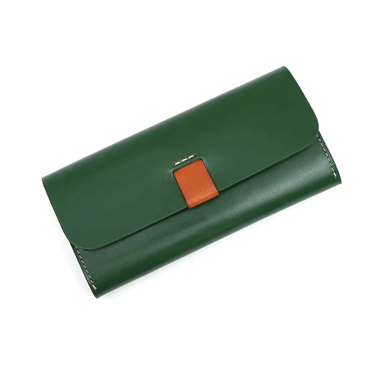 Multifunctional Italian Retro Style Women's Long Leather Card Holder Purse Elegant Flat Buckle Clutch Wallets