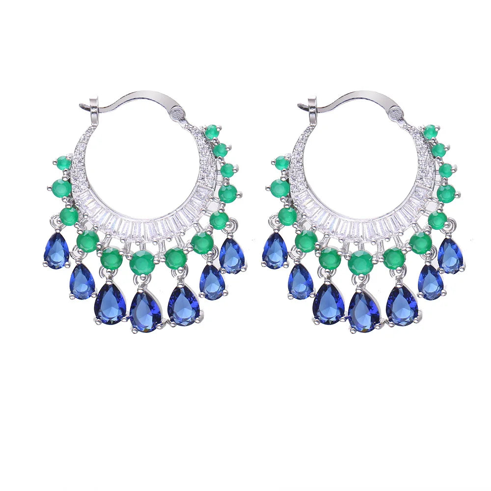 Luxury Shiny Cubic Zirconia Hoop Tassel Earrings Bohemia Fashion Earrings