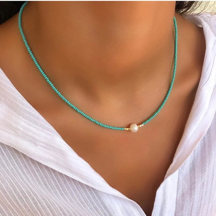 G2540 Wholesale Collier Stainless Steel Bohemia Style Turquoise Red Black White Small Seed Bead Pearl Choker Necklace Jewelry