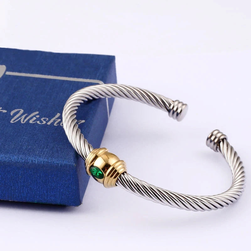 Stainless Steel Trend Open Twisted Wire Bangle with Zircon 7 Colors Unisex High Quality Jewelry Anniversary Gift Pulseras Mujer