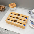 Three Grids Bamboo Roll Garbage Bag Storage Box Organizer Food Safe Plastic Wrap Dispenser Cutter Labels Wood Wrap Dispenser