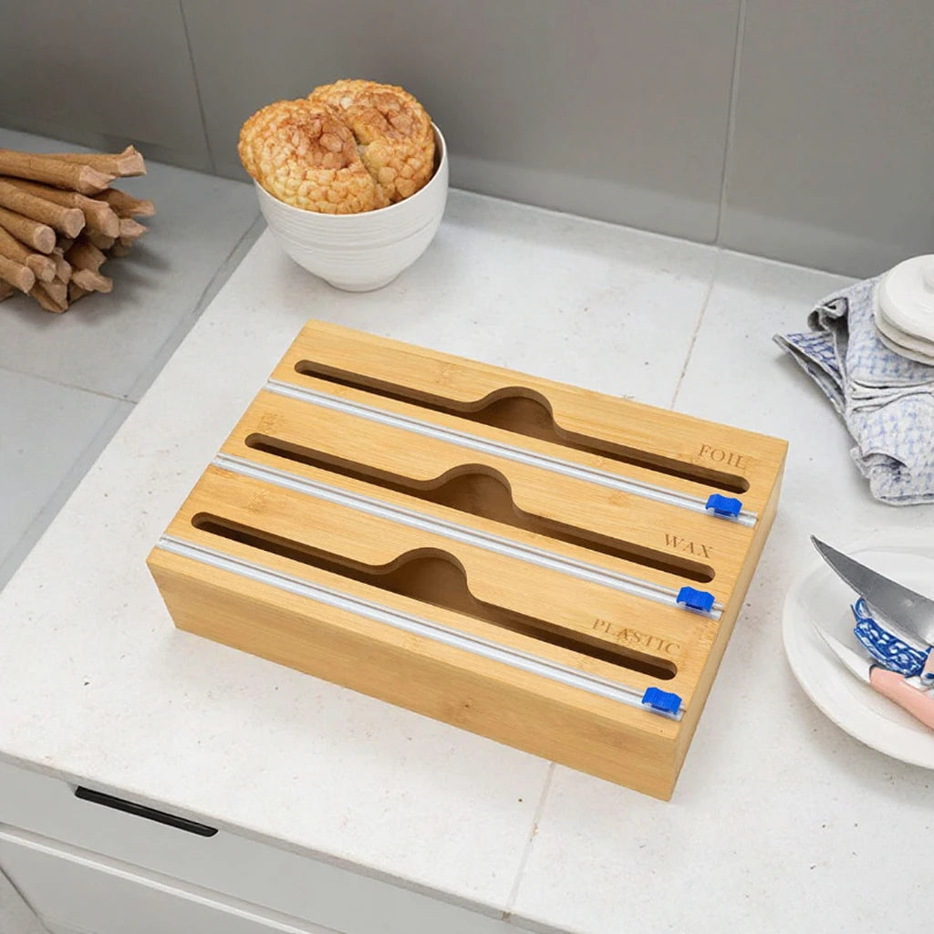 Three Grids Bamboo Roll Garbage Bag Storage Box Organizer Food Safe Plastic Wrap Dispenser Cutter Labels Wood Wrap Dispenser