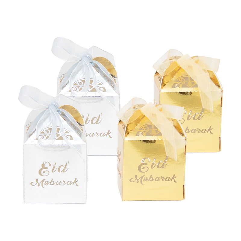 623114  Eid Mubarak Candy Boxes - Set of 4 Gold & White Festive Gift Boxes with Bows for Islamic Holiday Treats & Gifts