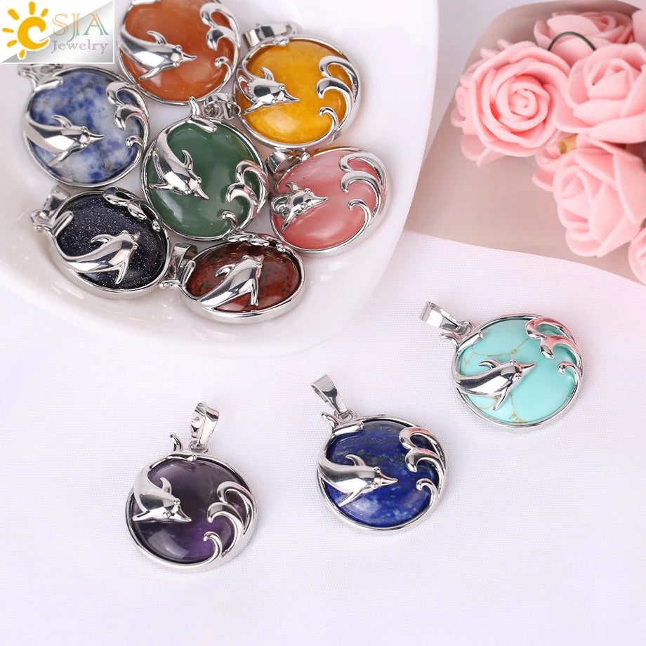 CSJA Natural Gemstone Turquoise Amethyst Cabochon Crystal Stone Quartz Dolphin Animal Pendant Necklace Jewelry H031