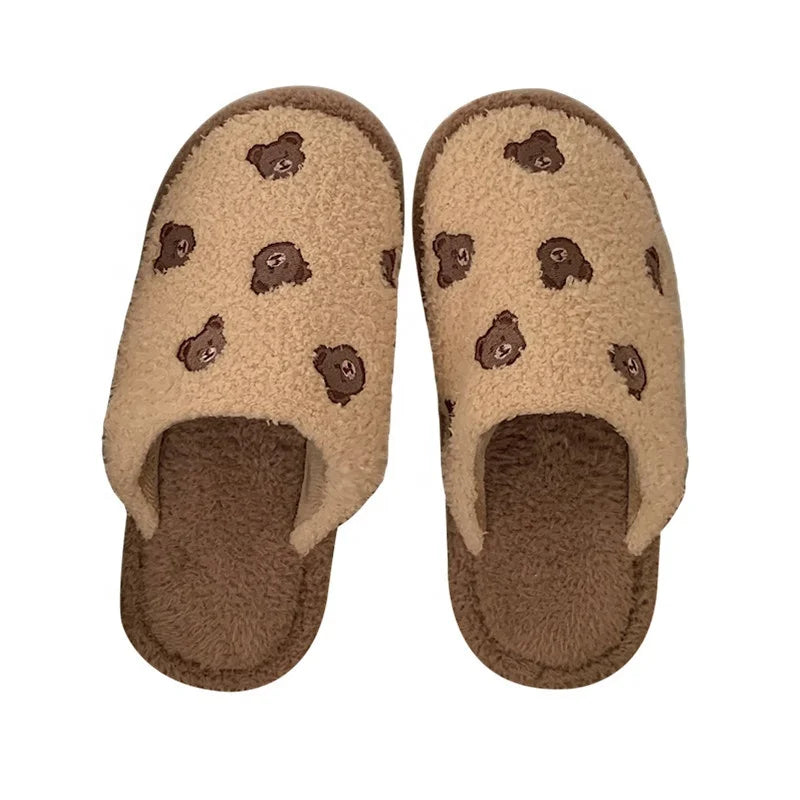 Women Girls Cute Bear Fleece Plush Anti-Slip Closed Toe Winter Warm Home Indoor Slipper