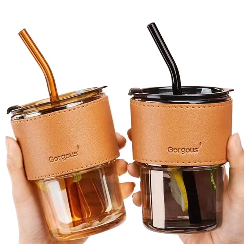 Innovative Products 2025 Glass Water Bottle With Lid and Straw Coffee Tea Cup Custom Logo Slub Cup Portable Leather Sleeve Cup