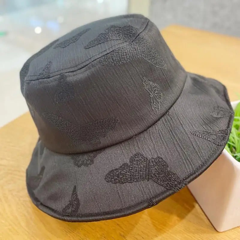 Butterfly Embroidered Bucket Hat Reversible Packable Foldable Beach Sun Hat for Women Men
